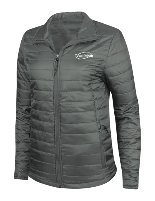 Dark Grey Womens Puffy Packable Jacket w/Total Rehab Logo