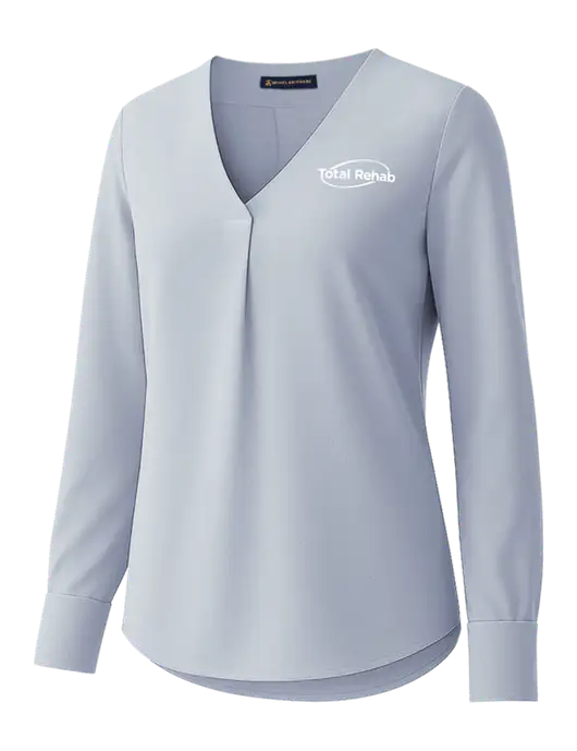 Brooks Brothers Womens Light Slate Blue Open-Neck Satin Blouse  w/Total Rehab Logo